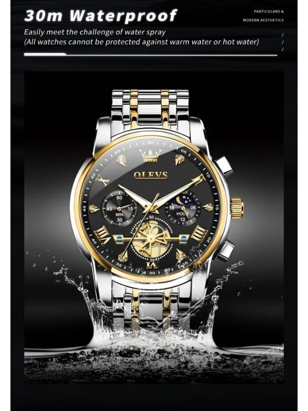Men's Silver Black Skeleton Stainless Diamond Multi Calendar Chronograph Watch